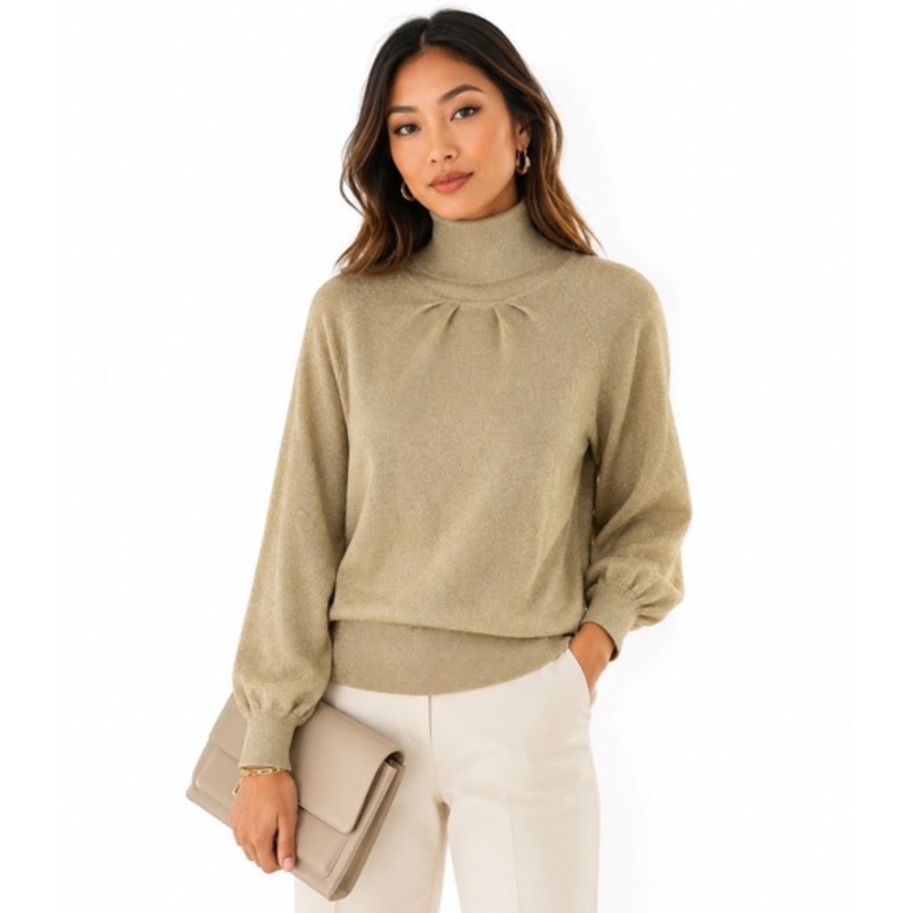 Express Design Studio Gold Metallic Turtleneck Sweater Pleated Neck L 61-32